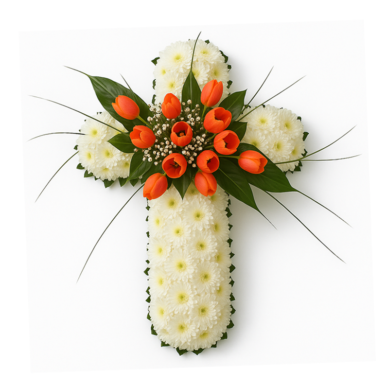 Cruz de Margaridas Brancas e Tulipas